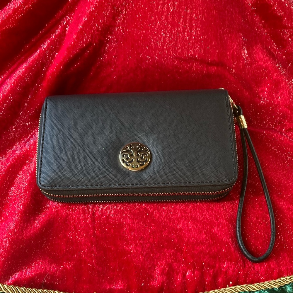 Black Wristlet Wallet with Gold Medallion Like New
